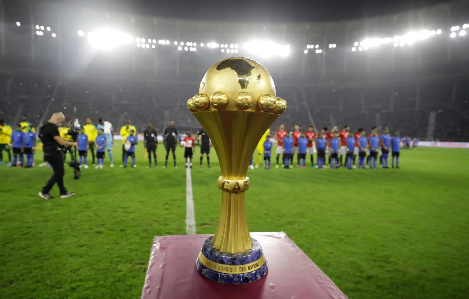 Senegal v Egypt - Olembe Stadium, Yaounde, Cameroon - February 6, 2022 General view of the Africa Cup of Nations trophy on display before the final match. (Reuters)