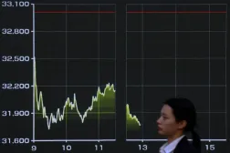 Bir kadın, Tokyo'daki bir aracı kurumun önünde, Japon Nikkei hisselerinin bugünkü ortalama hareketlerini gösteren grafiğin gösterildiği ekranın önünden geçiyor (Reuters)