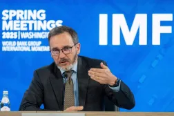 International Monetary Fund (IMF) Chief Economist Pierre-Olivier Gourinchas speaks on the "World Economic Outlook" during the IMF/World Bank Group Spring Meetings in Washington, DC, on April 22, 2025. (AFP) 