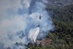  A Turkish helicopter drops water on the flames as it helps fight a wildfire near the town of Rabia, in Syria's Latakia countryside, early Monday, July 7, 2025. (AP)