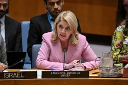 Executive Director of UNICEF Catherine M. Russell speaks during a United Nations Security Council meeting on the conflict in the Middle East, including the Palestinian question, at the United Nations headquarters on July 16, 2025, in New York City. (AFP)
