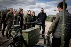 Ukraine's President Volodymyr Zelenskiy inspects newest samples of military equipment and weapons, amid Russia's attack on Ukraine, in Kyiv region, Ukraine, April 13, 2024. (Ukrainian Presidential Press Service/Handout via Reuters)