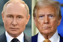 (FILES) (COMBO) This combination of file photographs created on August 8, 2025 shows Russian President Vladimir Putin (L) giving a speech during an event to mark the 1160th anniversary of Russia's statehood in Veliky Novgorod on September 21, 2022, and US President-elect Donald Trump looking on during a meeting with France's President at the Elysee Palace in Paris, on December 7, 2024. (Photo by Ilya PITALEV and Sarah Meyssonnier / various sources / AFP)