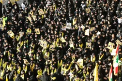 Hezbollah supporters attend the funeral of militants killed in recent Israeli attacks, in the southern city of Nabatiyeh on November 2, 2025. (Photo by MAHMOUD ZAYYAT / AFP)