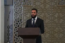 29 March 2025, Syria, Damascus: Syria's President Ahmed al-Sharaa speaks during the ceremony announcing the new Syrian government at the People's Palace. (dpa)