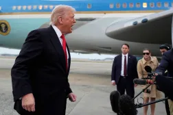 US President Donald Trump speaks with reporters upon arriving on Air Force One at Joint Base Andrews, Md., Sunday, Nov. 9, 2025, on his way to attend a football game between the Washington Commanders and the Detroit Lions in Maryland. (AP Photo/Manuel Balce Ceneta)
