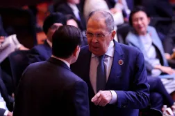 Russia's Foreign Minister Sergei Lavrov and US Secretary of State Marco Rubio speak during the 15th East Asia Summit Foreign Ministers' Meeting at the Convention Center in Kuala Lumpur, Malaysia July 11, 2025. (AFP)