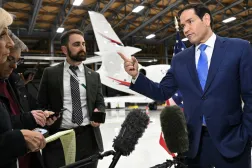 Marco Rubio speaking to reporters about Sudan at John C. Munro Hamilton International Airport in Ontario, Canada (AP) 