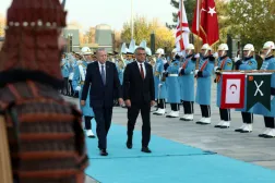 Türkiye President Tayyip Erdogan and Turkish Cypriot leader Tufan Erhurman attend a welcoming ceremony at the Presidential Palace in Ankara, Türkiye, November 13, 2025. Murat Cetinmuhurdar/PPO/Handout via REUTERS 