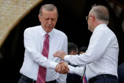 President Tayyip Erdogan shakes hands with Australia's Prime Minister Anthony Albanese before a MIKTA photo session amidst the G20 leaders' summit in Nusa Dua, Bali, Indonesia, November 15, 2022. REUTERS/Ajeng Dinar Ulfiana/Pool/File Photo 