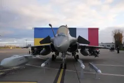A Rafale jet fighter is seen before the arrival of Ukrainian President Volodymyr Zelensky at the Villacoublay air base near Paris, France, 17 November 2025. (EPA)