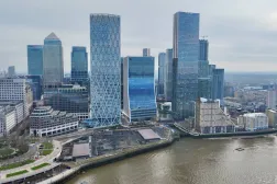 FILE PHOTO: A drone view of London's Canary Wharf financial district, two days before the government presents its critical pre-election budget, in London, Britain March 3, 2024. REUTERS/Yann Tessier/File Photo