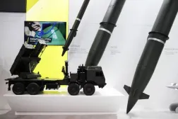 A PULS multiple rocket launcher miniature and artillery rockets by Israeli Elbit Systems is exhibited at the DEFEA Defense Exhibition, in Athens, Greece, May 8, 2025. REUTERS/Louiza Vradi Purchase Licensing Rights
