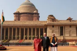 05 December 2025, India, New Delhi: Russian President Vladimir Putin is welcomed by Indian President Droupadhi Murmu, and Indian Prime Minister Narendra Modi. (Konstantin Zavrazhin/Kremlin/dpa)