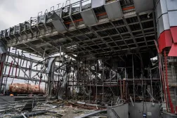 A heavily damaged train station building is pictured  in the town of Fastiv, Kyiv region, after an air attack, on December 6, 2025, amid the Russian invasion of Ukraine (Photo by Serhii Okunev / AFP)