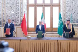 Iranian Deputy Minister for Political Affairs, Majid Takht-Ravanchi, Saudi Vice Minister of Foreign Affairs Waleed Elkhereiji and Chinese Vice Foreign Minister Miao Deyu in Tehran on Tuesday. (Saudi Foreign Ministry)