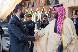 Prince Mohammed bin Salman bin Abdulaziz Al Saud, Saudi Crown Prince and Prime Minister, and Syrian President Ahmed al-Sharaa meet in Riyadh in February. (SPA)