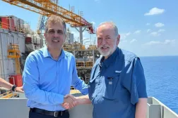 Israeli Energy Minister Eli Cohen and US Ambassador Mike Huckabee visiting the Leviathan platform in October. (Israeli Energy Ministry)