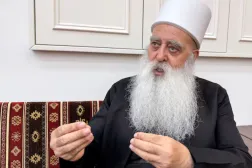 Leader of the Druze community in Israel, Sheikh Mowafaq Tarif, speaks with Reuters at his house in Julis, northern Israel July 28, 2025. REUTERS/Ali Sawafta 