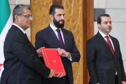 Syrian President Ahmed al-Sharaa receives the credentials of Lebanese ambassador Henry Kastoun in Damascus, attended by Foreign Minister Asaad al-Shaibani - (Syrian presidency)
