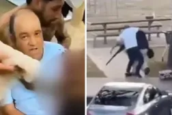 لقطة مركبة مأخوذة من فيديو تظهر أحمد خلال تصديه للمسلح ثم لحظة إسعافه بعد إصابته بطلقة نارية (متداولة)