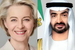 الشيخ محمد بن زايد آل نهيان رئيس دولة الإمارات مع أورسولا فون دير لاين رئيسة المفوضية الأوروبية (وام)