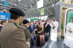 Saudi Minister of Industry and Mineral Resources Bandar Alkhorayef and Syrian Minister of Economy and Industry Mohammad Nidal al-Shaar at the Ministry of Interior’s pavilion at the Made in Saudi Expo 2025 in Riyadh. (SPA)
