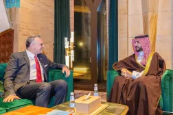 Saudi Minister of Defense Prince Khalid bin Salman bin Abdulaziz and US Senior Advisor for Arab and African Affairs Massad Boulos meet in Riyadh on Monday. (SPA)