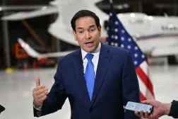 US Secretary of State Marco Rubio speaks to traveling journalists at the John C. Munro Hamilton International Airport in Hamilton, Ontario, on November 12, 2025 after the G7 foreign ministers meeting. (Photo by Mandel NGAN / POOL / AFP)
