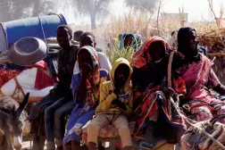 15 Nisan'da Hızlı Destek Kuvvetleri'nin Zemzem mülteci kampına düzenlediği saldırıların ardından yerinden edilmiş insanlar eşeklerin çektiği bir arabayla taşınıyor (Reuters).