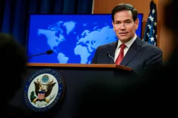 ماركو روبيو خلال مؤتمره الصحافي السنوي في وزارة الخارجية بواشنطن العاصمة (رويترز)