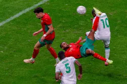 Morocco's forward #20 Ayoub El Kaabi scores a goal during the Africa Cup of Nations (CAN) group A  football match between Morocco and Comoros at Prince Moulay Abdellah Stadium in Rabat on December 21, 2025. (Photo by Abdel Majid BZIOUAT / AFP)