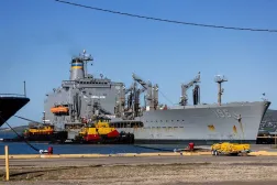 The US Navy replenishment oiler USNS Kanawha (T-AO-196) arrives at port in Ponce, Puerto Rico, amid ongoing military movements, December 21, 2025. (Reuters)