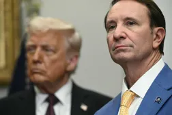 (FILES) (L-R) US President Donald Trump and Louisiana Governor Jeff Landry attend an event with Hyundai executives in the Roosevelt Room of the White House in Washington, DC, March 24, 2025. (Photo by Brendan SMIALOWSKI / AFP)