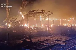 This handout photograph taken and released by the Ukrainian Emergency Service on December 25, 2025, shows damaged building on fire following an alleged air attack in Odesa region, amid the Russian invasion of Ukraine. (Handout /Ukrainian Emergency Service / AFP)