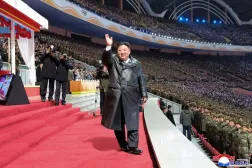 A photo released by the official North Korean Central News Agency (KCNA) shows North Korean leader Kim Jong Un waving during an art performance celebrating the New Year 2026 at the May Day Stadium in Pyongyang, North Korea, 01 January 2026. ( EPA/KCNA)