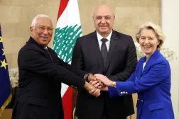 الرئيس اللبناني جوزيف عون مستقبلاً رئيس المجلس الأوروبي أنطونيو كوستا ورئيسة المفوضية الأوروبية أورسولا فون دير لاين (الرئاسة اللبنانية)