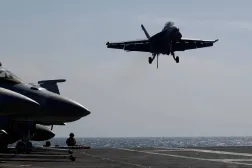 A US navy F-18 Super Hornet lands on the flight deck on the USS Nimitz, off the coast of Busan, South Korea, 27 March, 2023. Jeon Heon-Kyun/Pool via REUTERS/File Photo