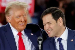 Republican presidential nominee and former US President Donald Trump and Senator Marco Rubio (R-FL) react during campaign event at Dorton Arena, in Raleigh, North Carolina, US November 4, 2024. REUTERS/Jonathan Drake/