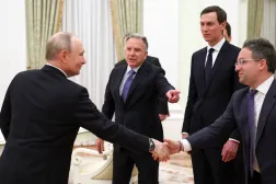 In this pool photograph distributed by the Russian state agency Sputnik, Russia's President Vladimir Putin welcomes US special envoy Steve Witkoff, US President Donald Trump's son-in-law Jared Kushner and Commissioner of the Federal Acquisition Service, FAS, Josh Gruenbaum during a meeting at the Kremlin in Moscow on January 22, 2026. (AFP)