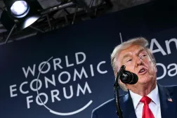 US President Donald Trump speaks during a reception with business leaders on the sidelines of the World Economic Forum (WEF) annual meeting in Davos on January 21, 2026. (AFP) 