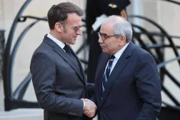 French President Emmanuel Macron welcomes Lebanese Prime Minister Nawaf Salam at the Élysée Palace in Paris on January 23 during the latter’s official visit to France (AFP) 