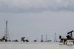 This image shows oil rigs in Cabimas, south of Lake Maracaibo, Zulia State, Venezuela, on January 31, 2026. (AFP)