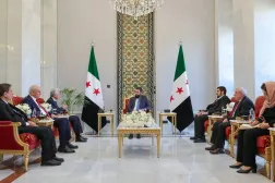 Syrian President Ahmed al-Sharaa meets with a delegation from the Kurdish National Council on Tuesday (Syrian Presidency)