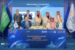 Minister of Industry and Mineral Resources Bandar Alkhorayef witnesses the signing of a memorandum of cooperation between the National Industrial Development Center and Airbus (Asharq Al-Awsat). 