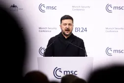 Ukrainian President Volodymyr Zelenskiy speaks during the Munich Security Conference (MSC) in Munich, Germany, February 14, 2026. REUTERS/Liesa Johannssen 