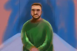 رسم تخطيطي يُظهر المتهم بإطلاق النار في بونداي نويد أكرم وهو يمثل عبر رابط فيديو أمام محكمة داونينغ سنتر المحلية في سيدني (أ.ف.ب)