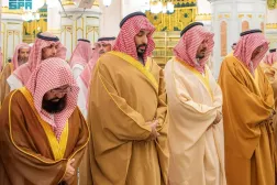 Prince Mohammed bin Salman bin Abdulaziz Al Saud, Saudi Crown Prince and Prime Minister, and other officials perform prayers at the Prophet's Mosque in Madinah on Friday. (SPA)