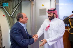 Prince Mohammed bin Salman, Crown Prince and Prime Minister, welcomes Egyptian President Abdel Fattah al-Sisi in Jeddah on Monday. (SPA)