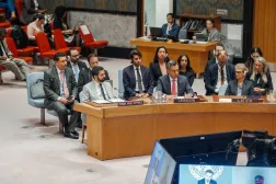 Permanent representative of Lebanon to the United Nations Ahmad Arafa (C) speaks during a United Nations Security Council (UNSC) meeting called to address the ongoing conflict in the Middle East, at the UN headquarters in New York, New York, USA, 11 March 2026. (EPA)